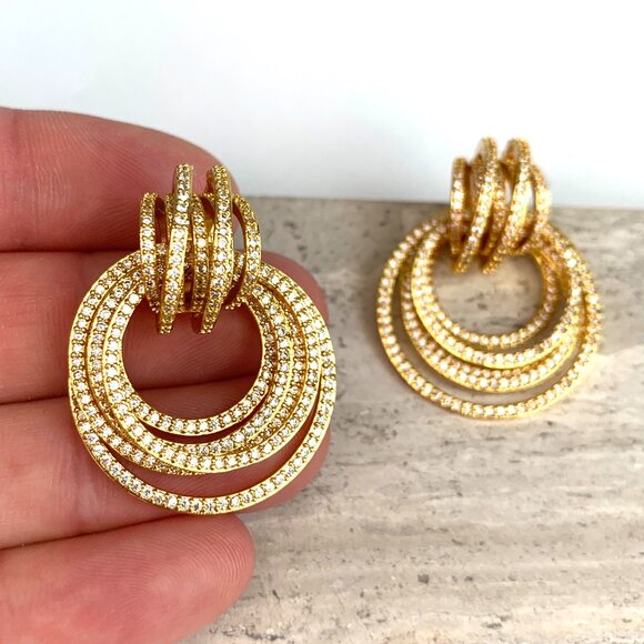NEW~ Anthropologie Shashi Roux Gold & Cubic Zirconia Door Knocker Earrings - Picture 7 of 12